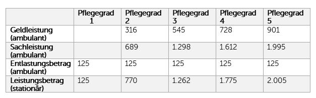 Tabelle Geldleistungen nach Pflegegrad